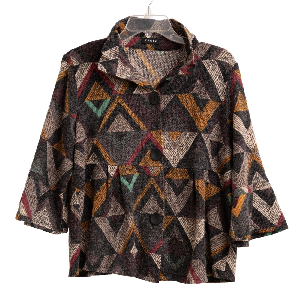 Damee Jacket Artsy Geometric Print Art to Wear Boho Chic Earthy Lagenlook  Retro